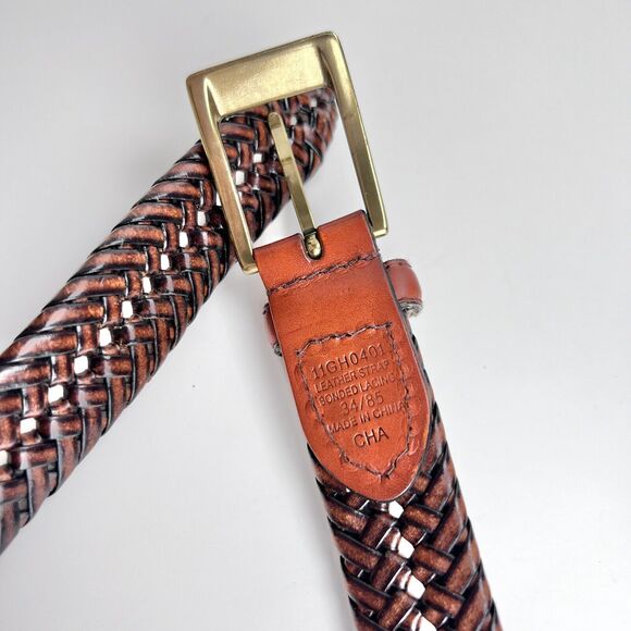 Brown Double Braided Leather Belt Brass Tone Buckle Unisex Adjustable - Picture 3 of 5